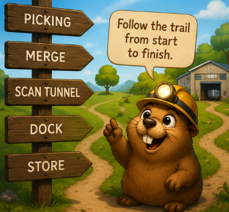 Gopher pointing at Picking Merge Scan Tunnel Dock and Store signs